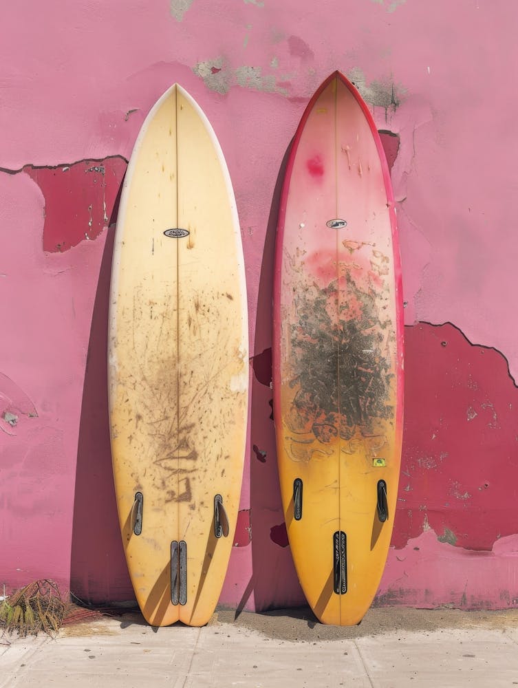 Deux Planches de Surf Contre Un Mur Rose 1