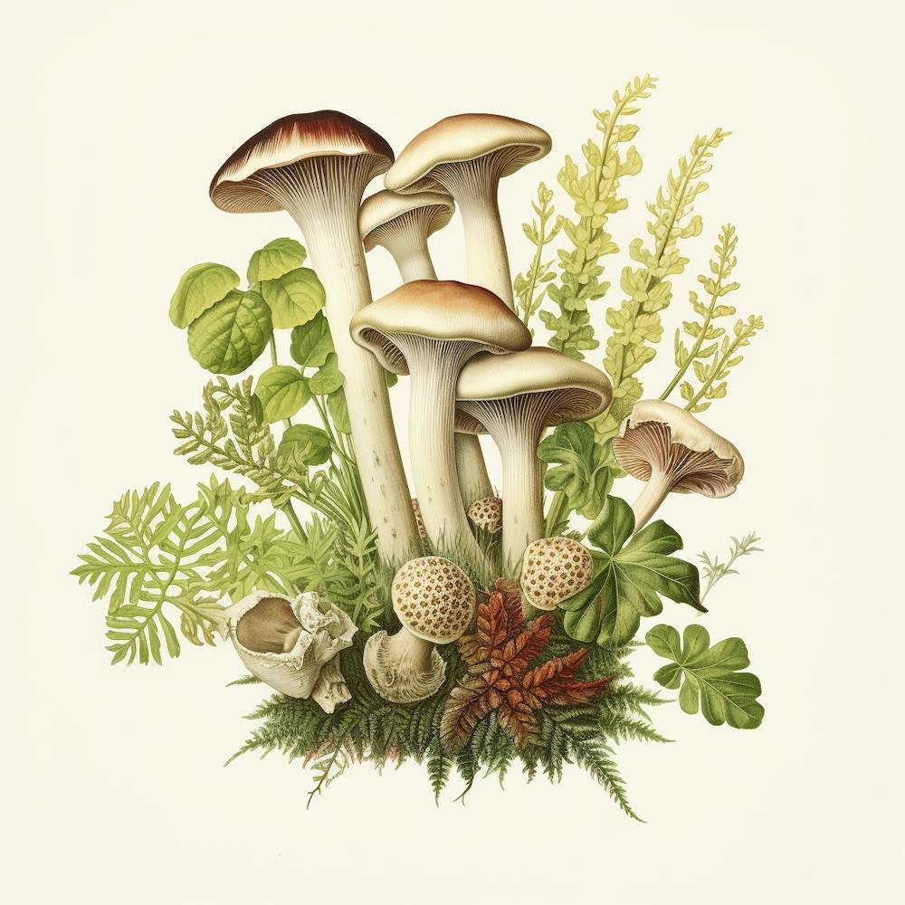 Puffballs under cover - mushroom art print - mushroom botanical print