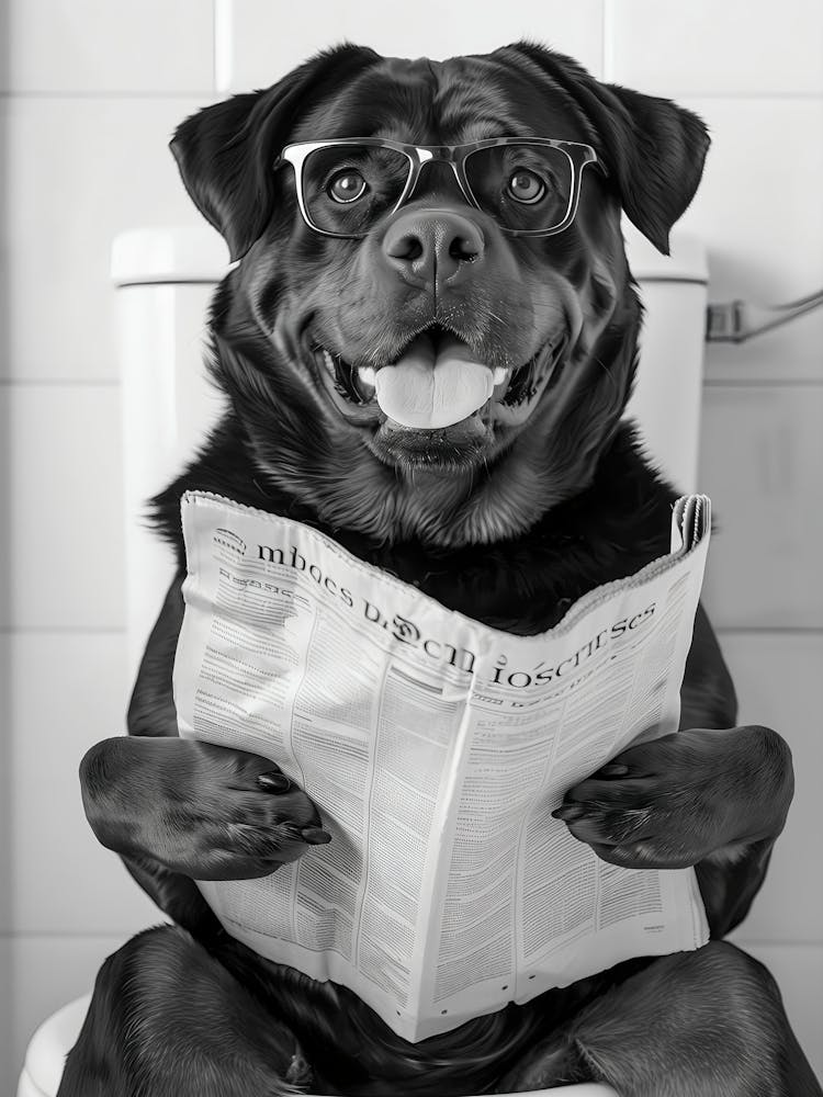 Rottweiler Sitting On Toilet Wall Art, Dog Reading Newspaper, Black And White Print, Pet Art, Funny Dog Poster, Bathroom Wall Decor