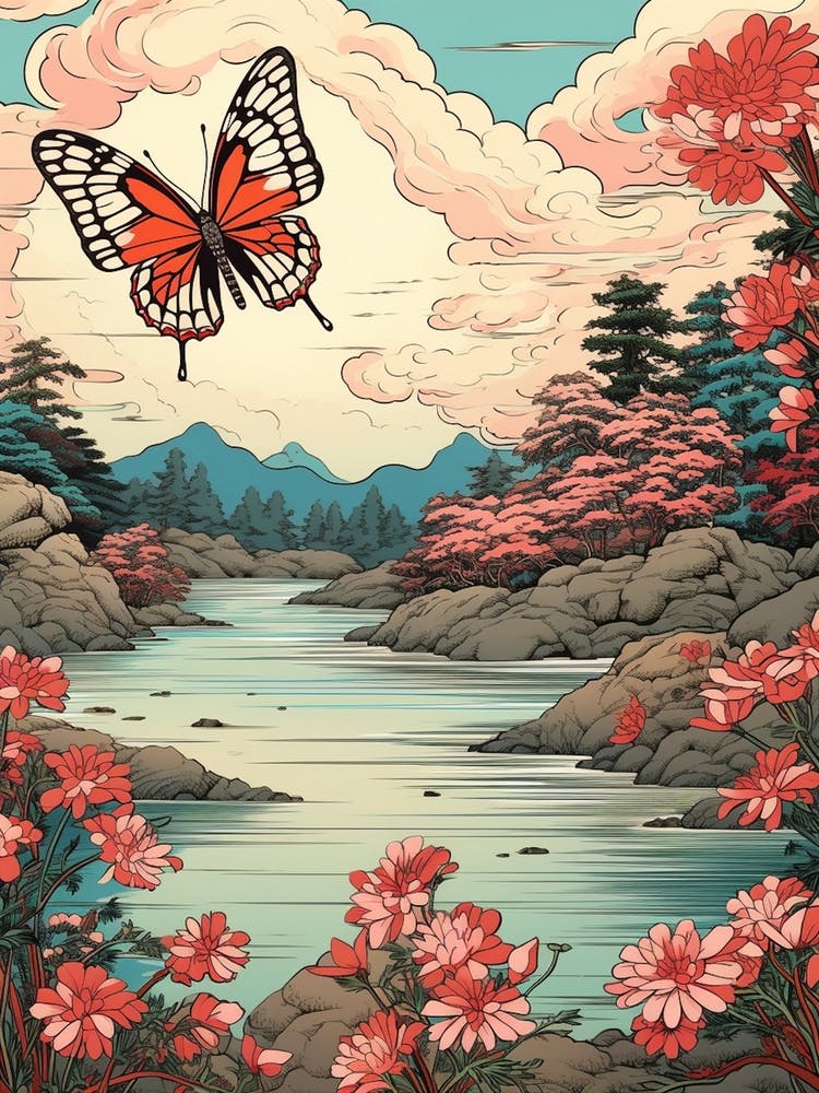 Butterflies At Sunset By The River Japanese Style Painting 3