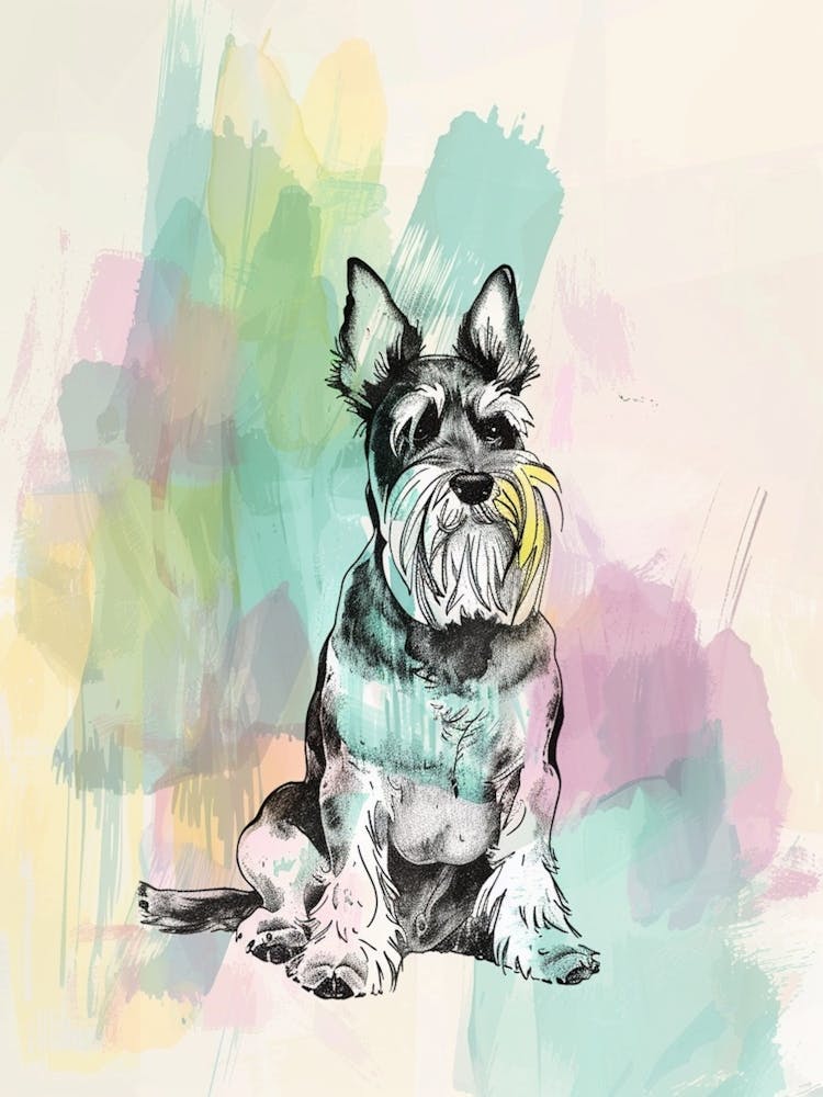 Pastel Miniature Schnauzer Dog Watercolour Line Illustration 1
