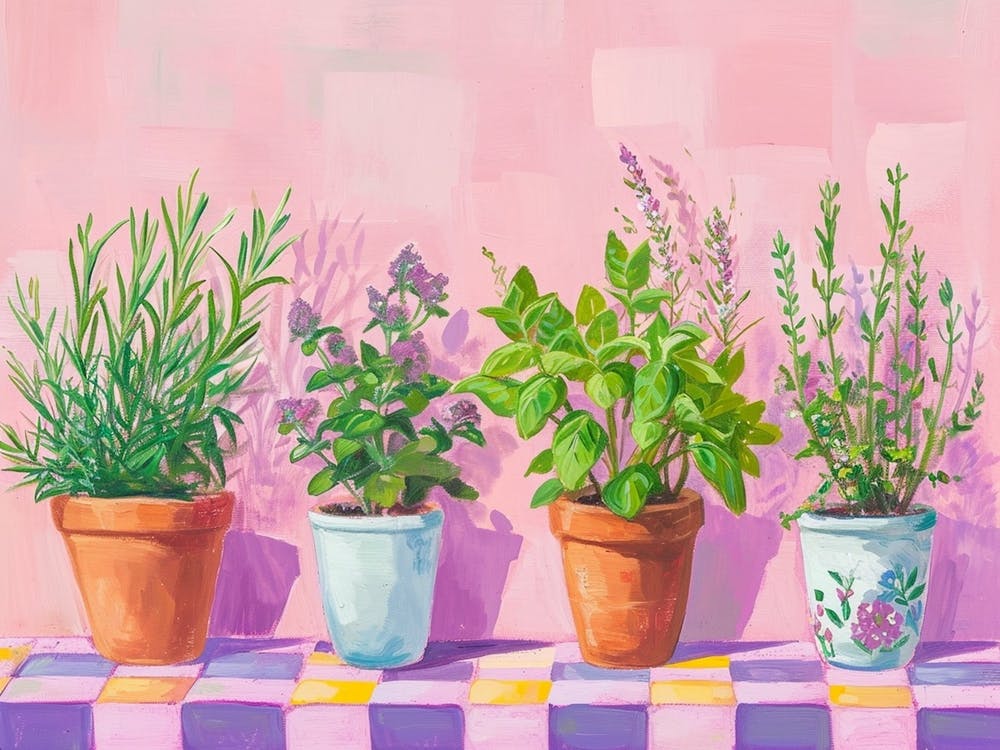 Potted Herbs On A Windowsil Pink Checkerboard 2