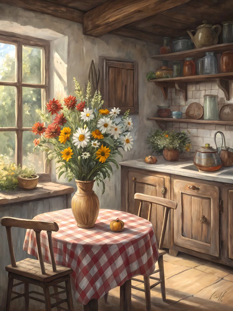 Oil Painting Style Rustic Country Kitchen Floral Bouquet & Cozy Interior