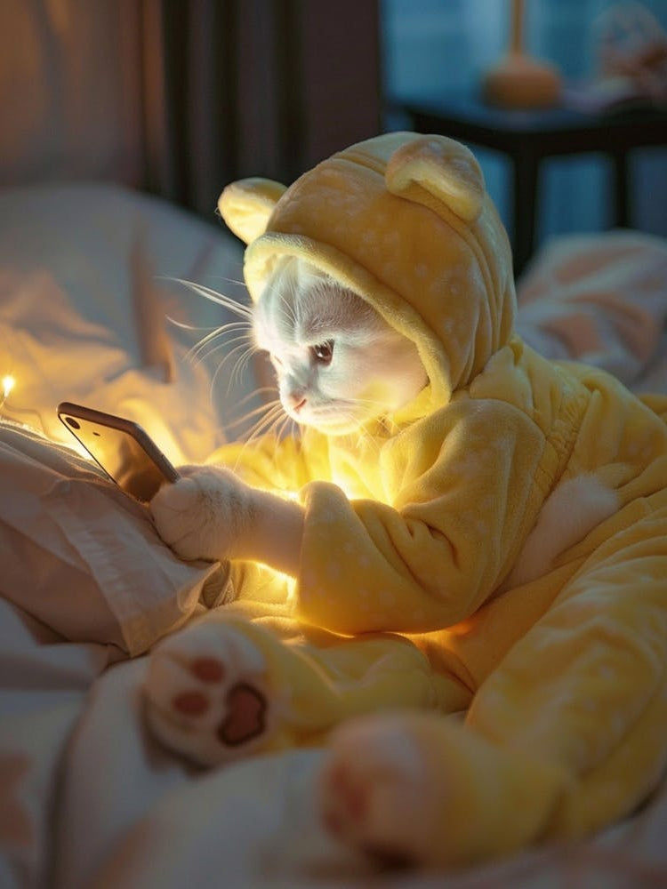 A Photo Of A Realistic White Cat That Wears A Yellow Teddy Bear Onesie Is Lying On Her Bed And Looking At Her Phone At Night
