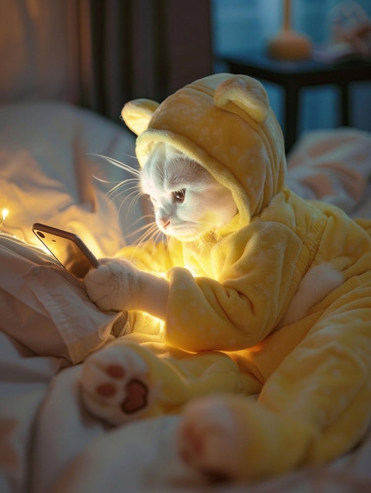 A Photo Of A Realistic White Cat That Wears A Yellow Teddy Bear Onesie Is Lying On Her Bed And Looking At Her Phone At Night