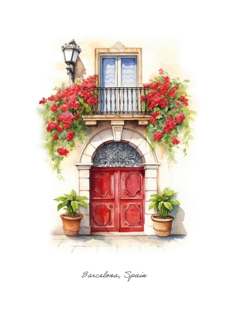 Barcelona, Spain   Mediterranean Doors Watercolour Painting 1 Poster