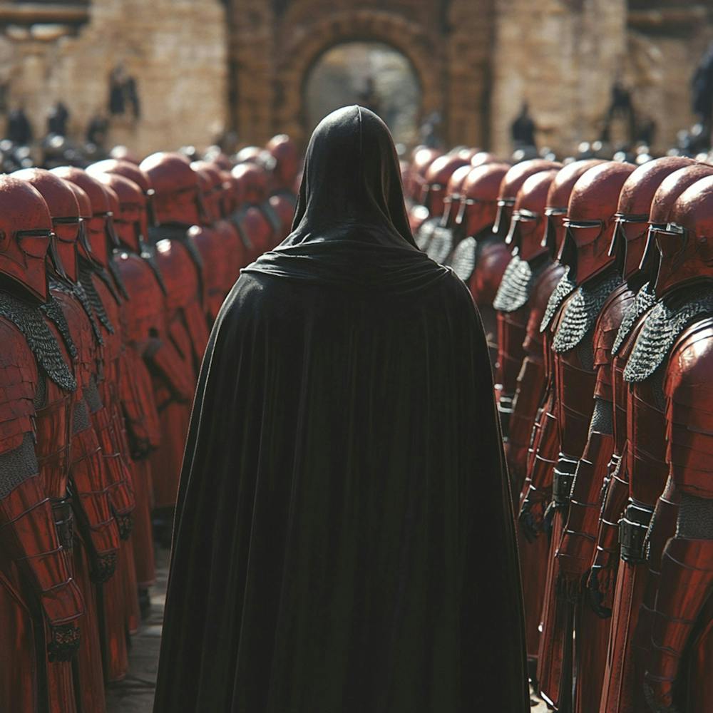 A Man Wearing A Black Cape And A Black Hood, Seen From The Back, Walking Through An Army Of Hundreads Of Mystical Guard, In Full Red Metal, Helmet Covering All Their Face, Full Body, Aligned, Seen From The Side, Welcoming Thei 1