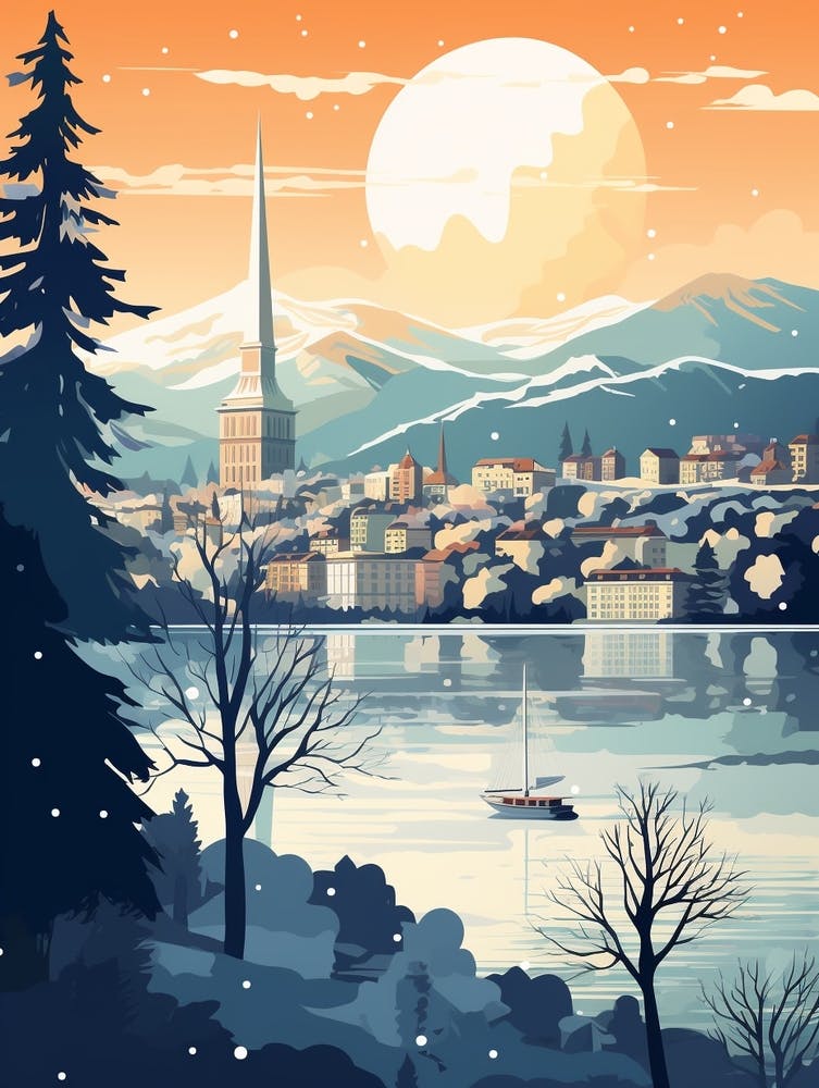 Winternacht Reise Illustration Genf Schweiz 1
