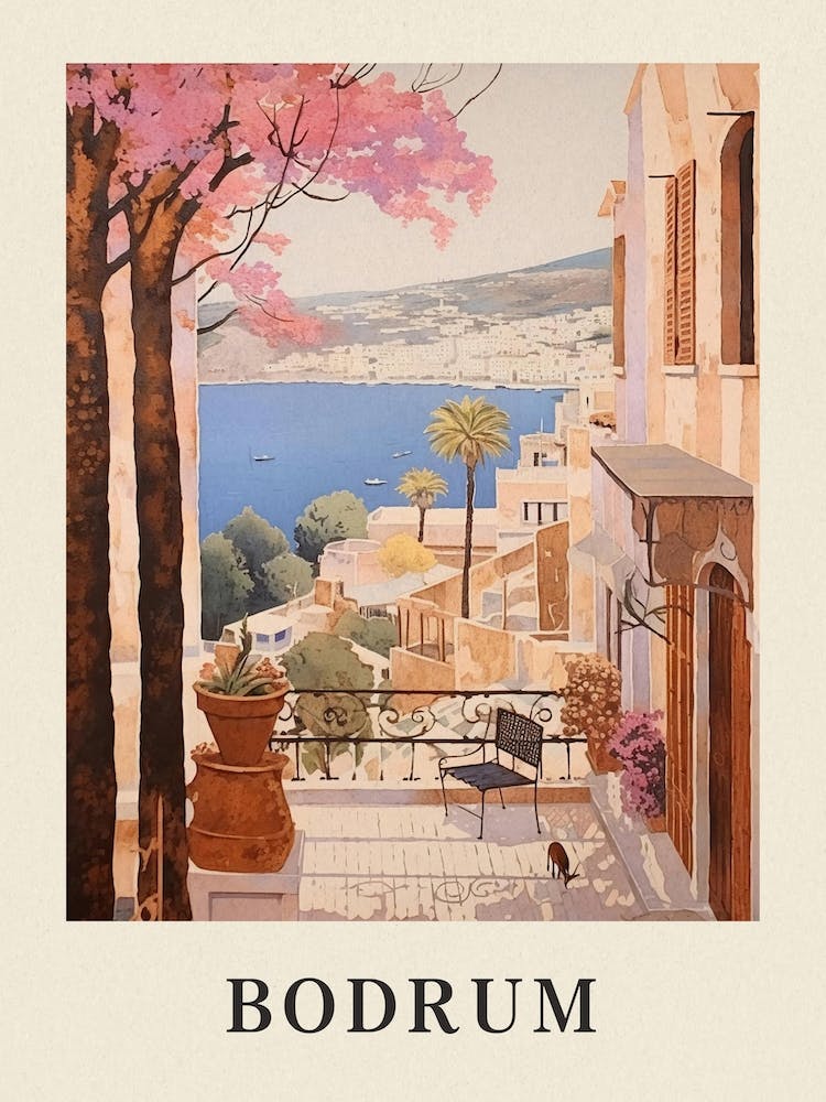Bodrum Turkey 6 Vintage Pink Travel Illustration Poster