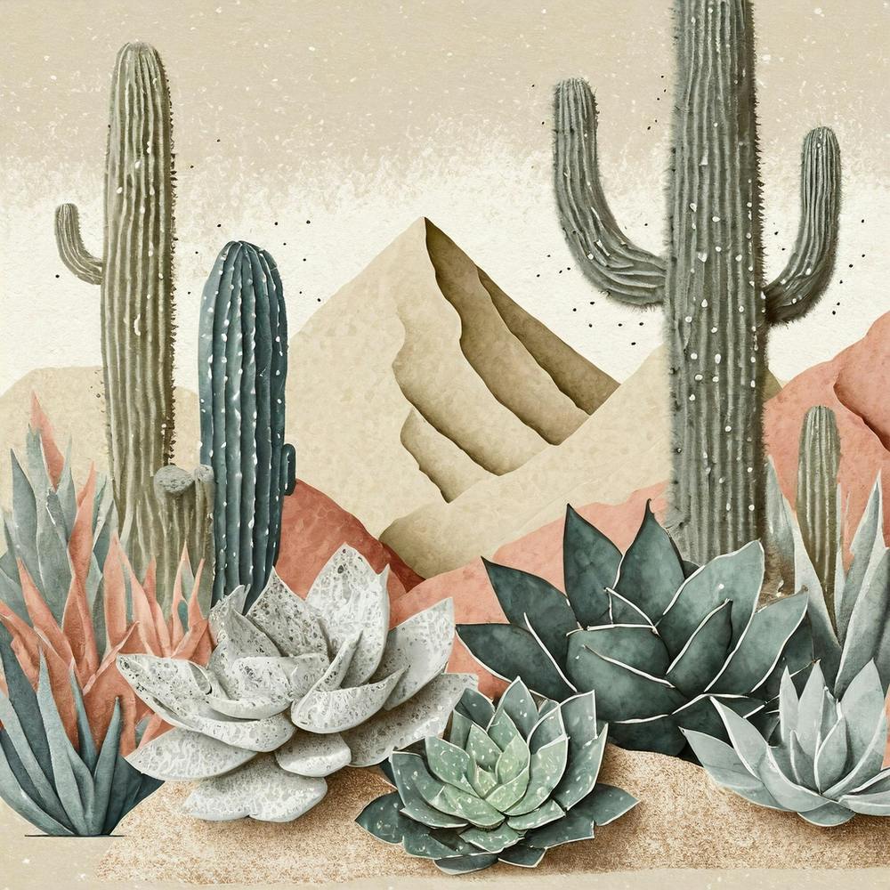 Firefly Modern Abstract Beautiful Lush Cactus And Succulent Garden In Neutral Muted Colors Of Tan, G (19)