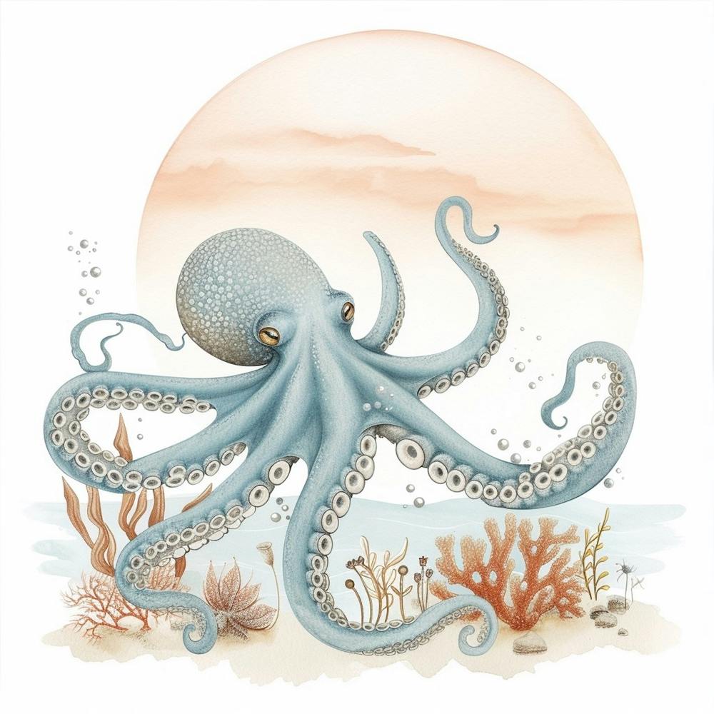 Storybook Style Octopus With Sunset 2