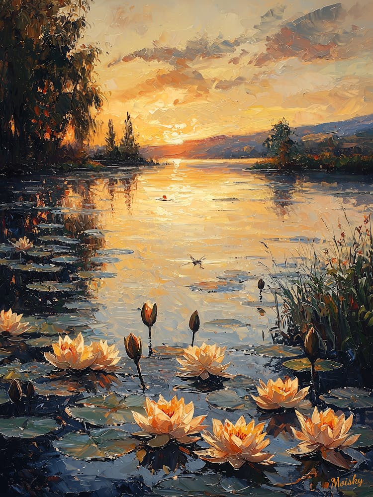 Sunset With Water Lilies,Impressionist Oil Painting – Inspired by Monet