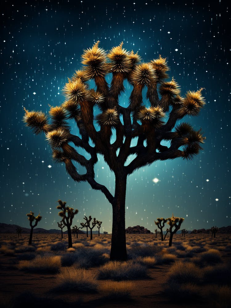 Arbre de Josué sous Ciel Étoilé avec Gouttes de Pluie Tombant en Or et Noir (2)