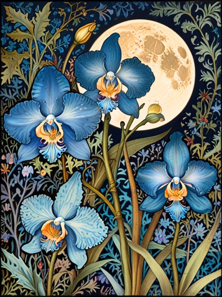 William Morris Blue Orchids In The Moonlight