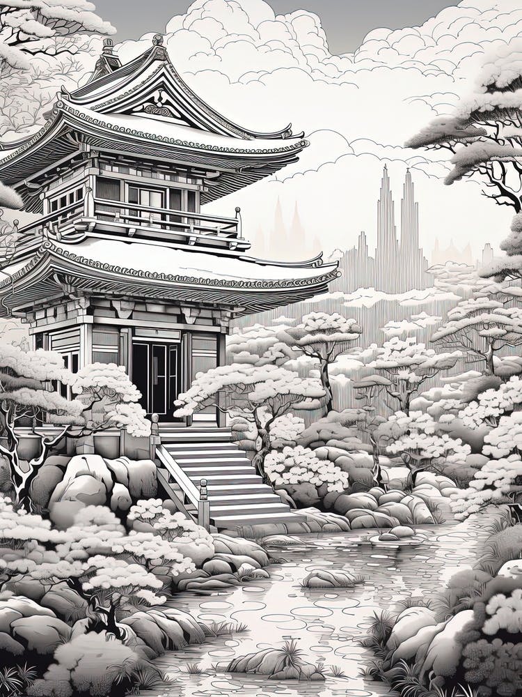 Hachijo Jima In Tokyo, Ukiyo E Black And White Line Art Drawing 1