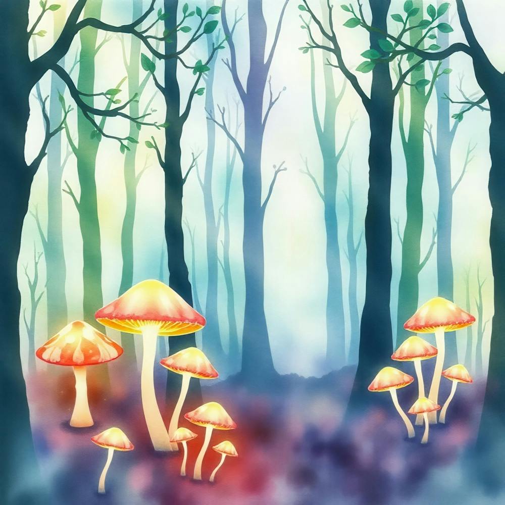 Watercolor Mushrooms In The Forest