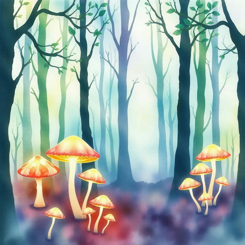 Watercolor Mushrooms In The Forest