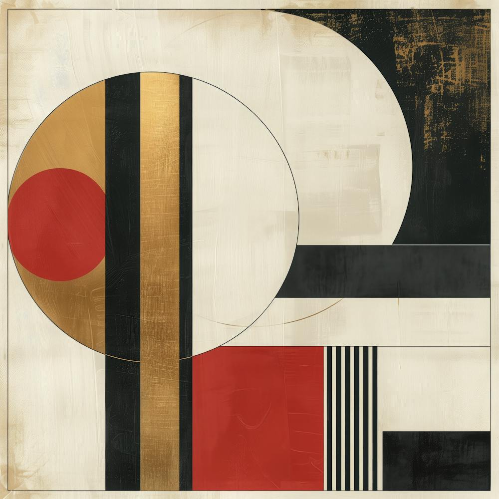 Geometric Harmony in Black, White, Red, and Gold