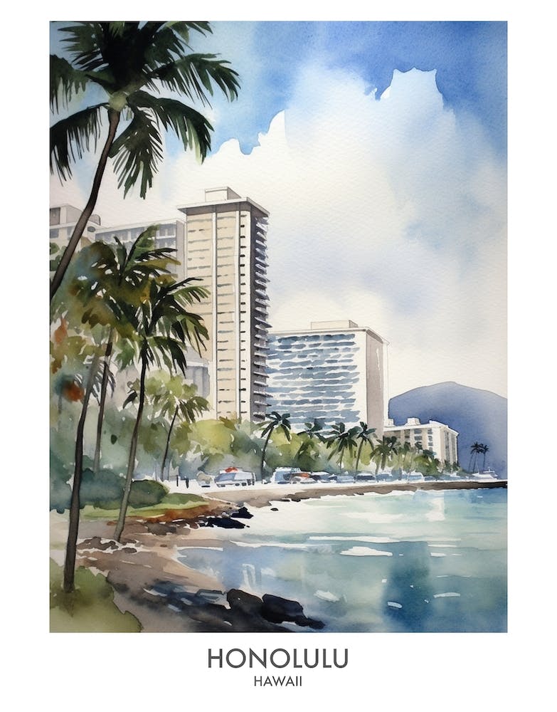 Honolulu 2 Watercolour Travel Poster