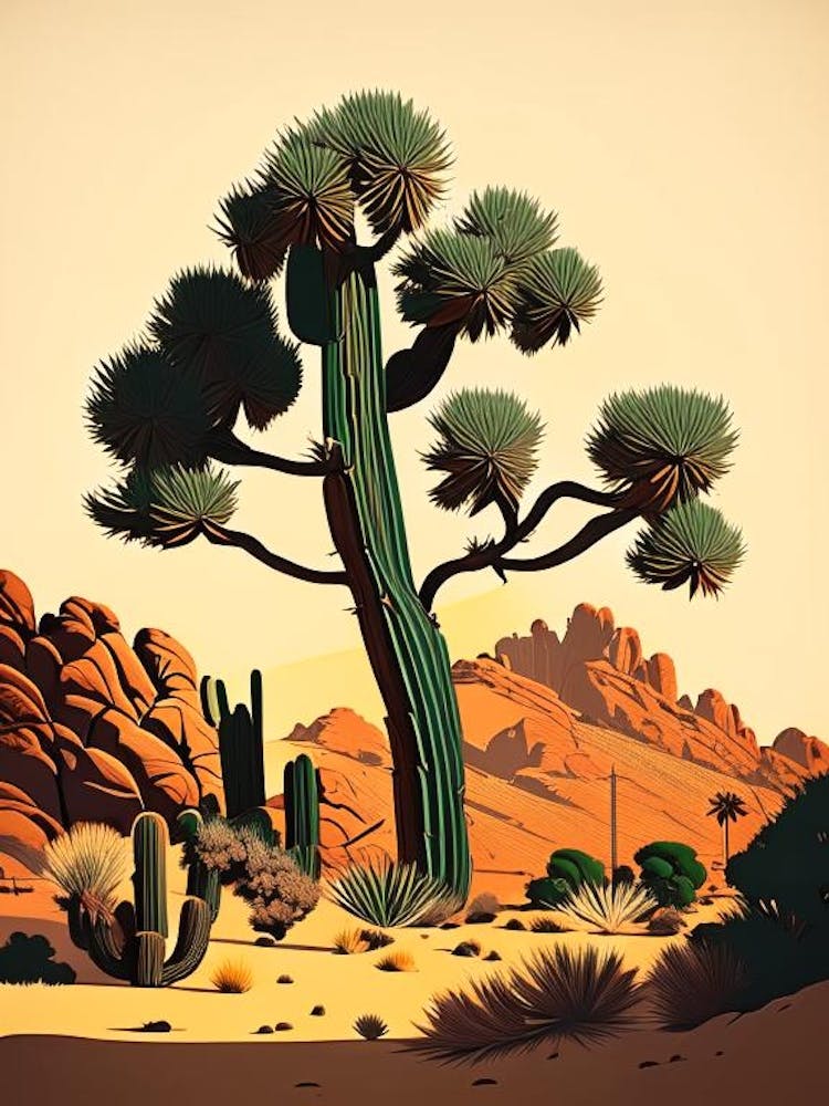 Joshua Tree In Rocky Mountains Retro Illustration