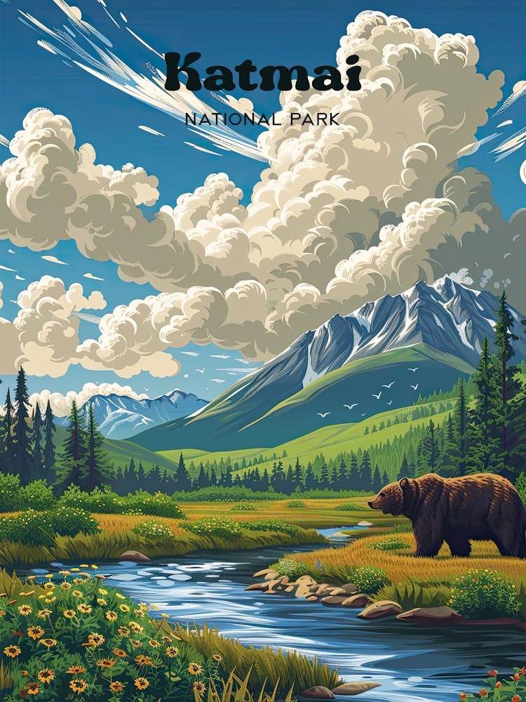 Katmai National Park Preserve Digital Travel Illustration