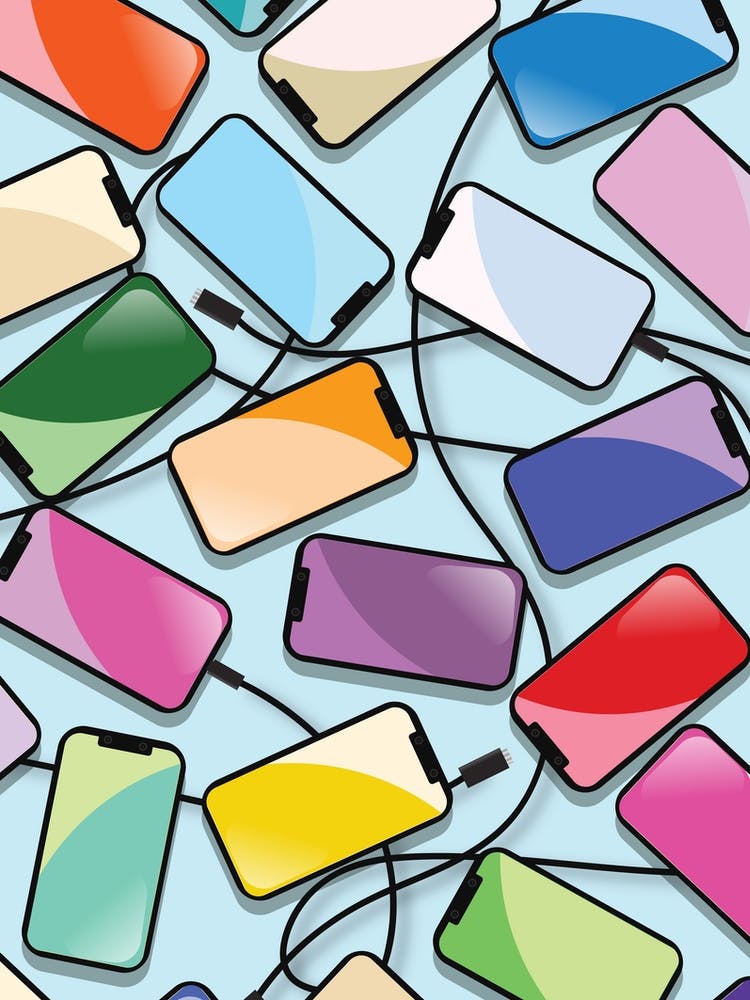 Seamless Pattern Of Colorful Phone Chargers