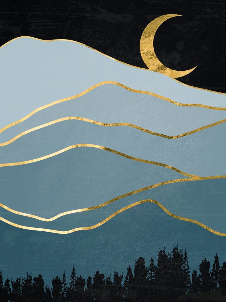 Moonlight Over The Mountains Canvas Print - Golden landscape with moon #7, Japanese gold poster