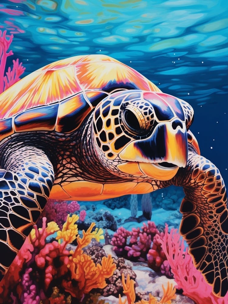 Vivid Turtle In Ocean With Coral & Plants 3