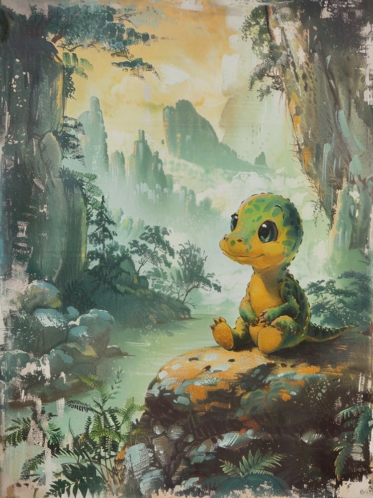 Cute Dinosaur Sitting In The Cliffs Storybook Style