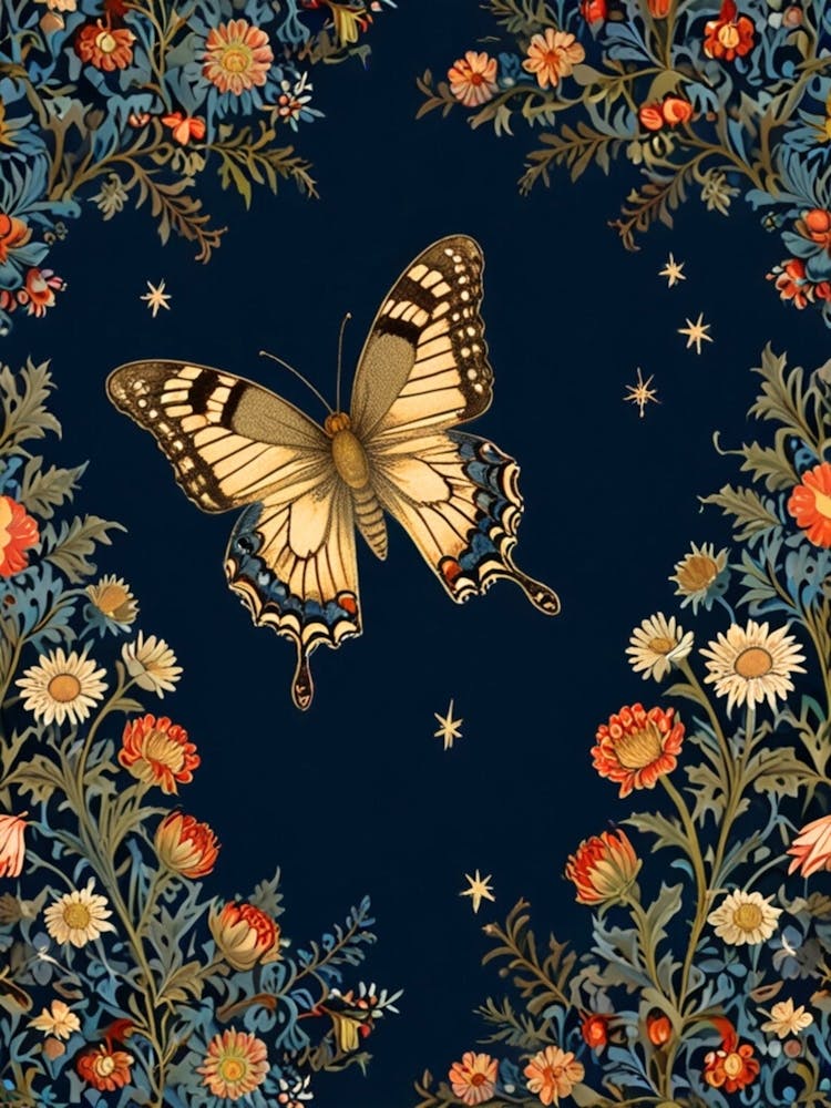 William Morris Butterfly On A Blue Background