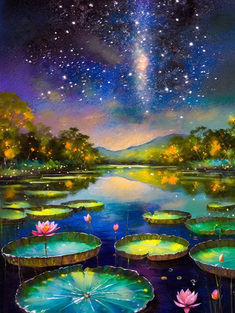 A Serene Lotus Pond Reflecting The Stars At Night