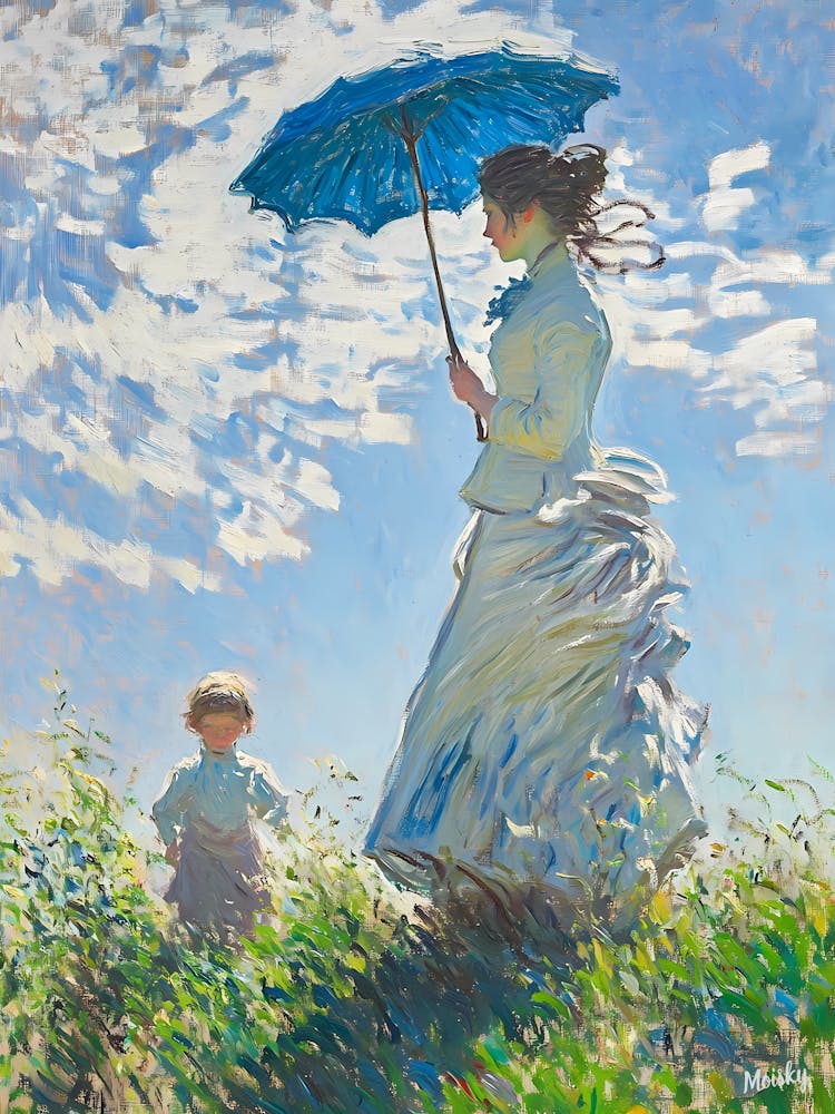 Frau mit Regenschirm im Monet-Stil