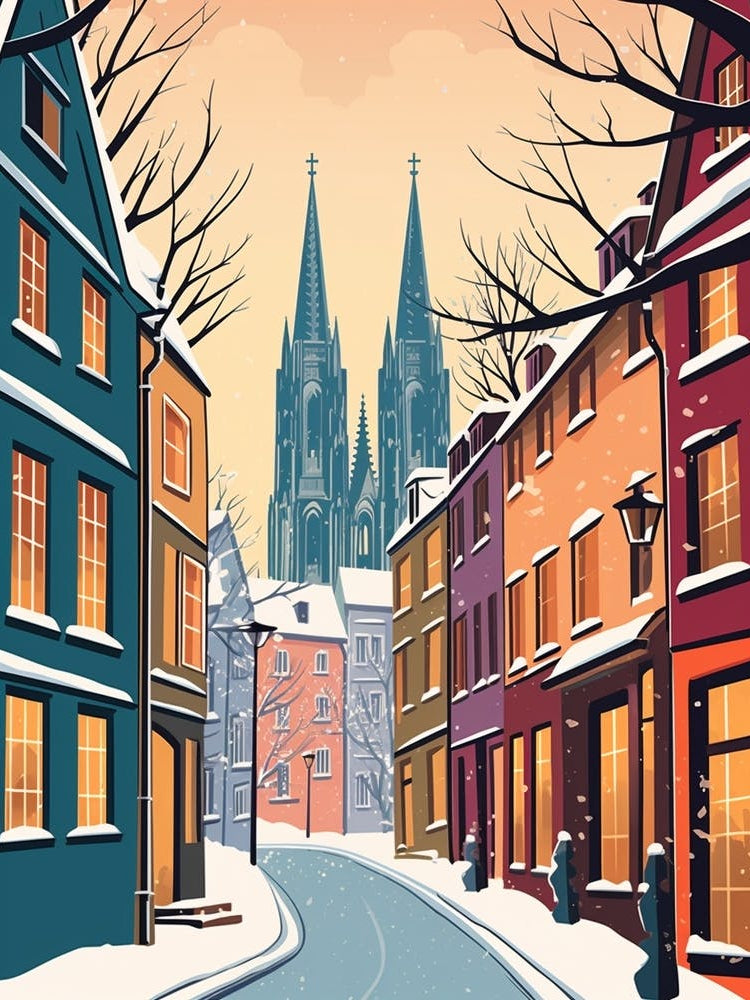 Vintage Winter Travel Illustration Cologne Germany 1