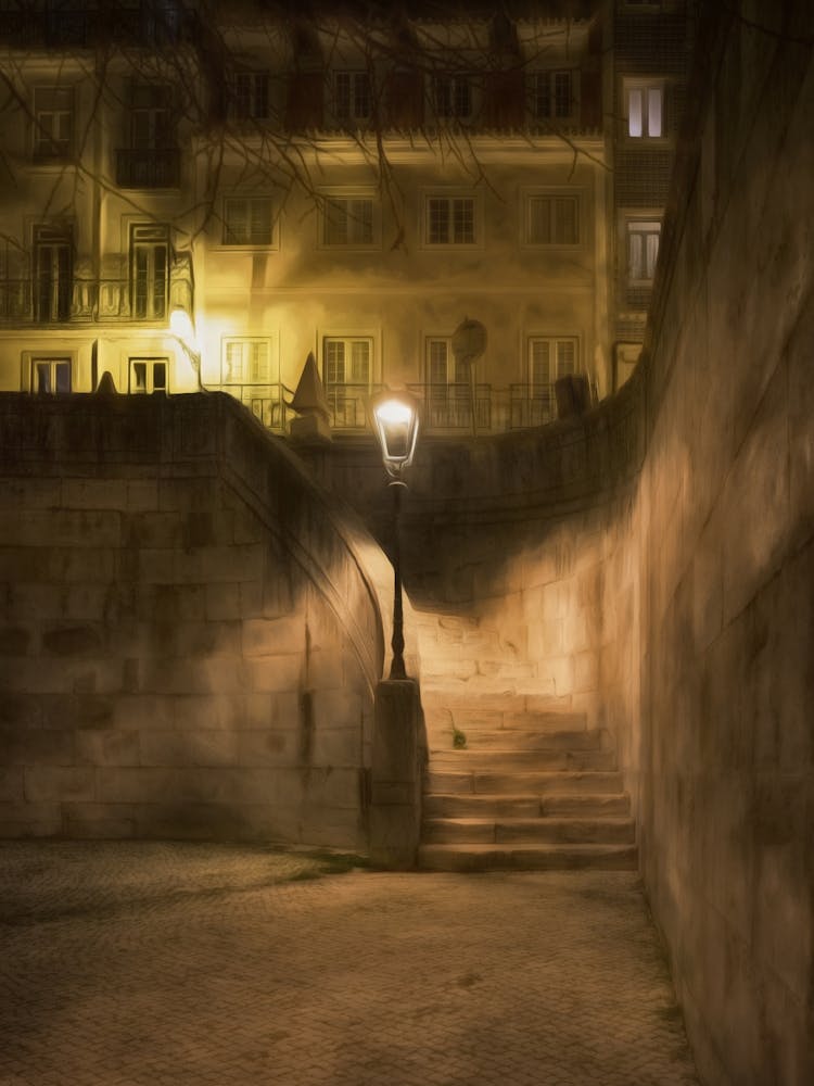 Lamplit Staircase Lisbon 1