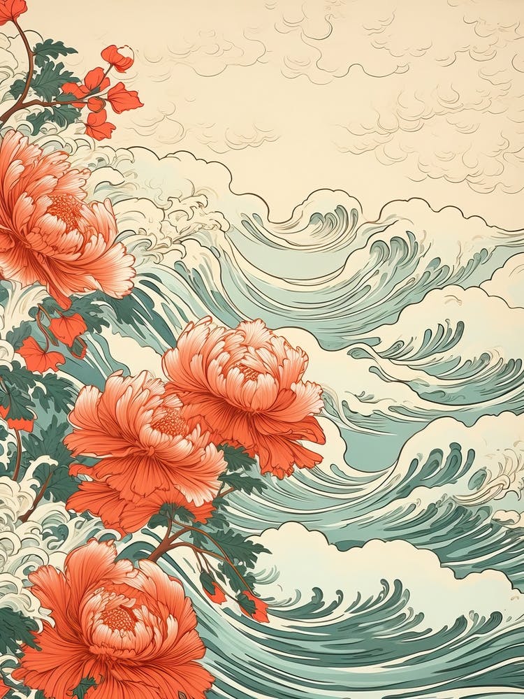 Great Wave With Lily Flower Drawing In The Style Of Ukiyo E 3