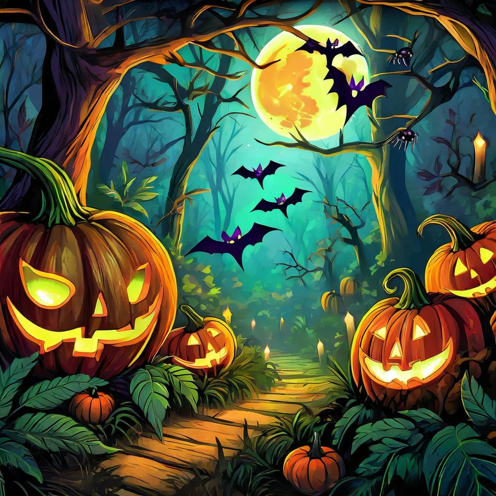 Firefly Halloween Jungle With Bats And Pumpkins Around Glowing Under The Moonlight 17457
