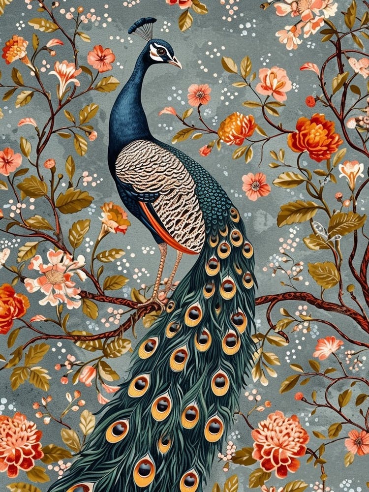 Peacock With Vintage Floral Pattern 2