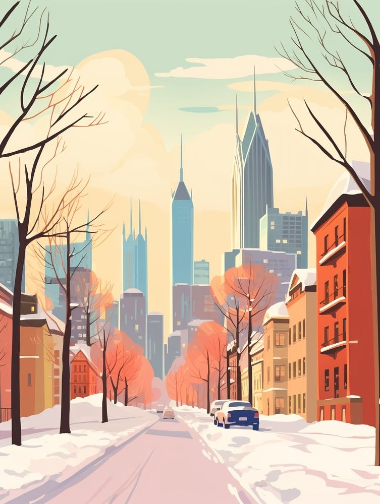 Vintage Winter Travel Illustration Montreal Canada 1