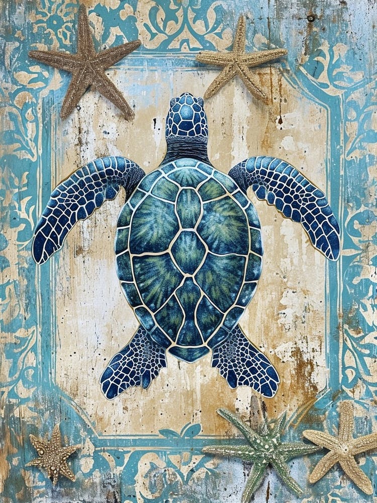 Sea Turtle & Star Fish Textured Collage 2
