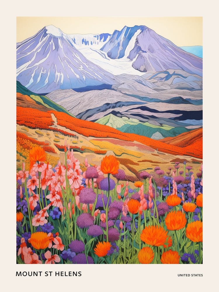 Mount St Helens United States 3 Farbenfrohes Bergillustrationsposter