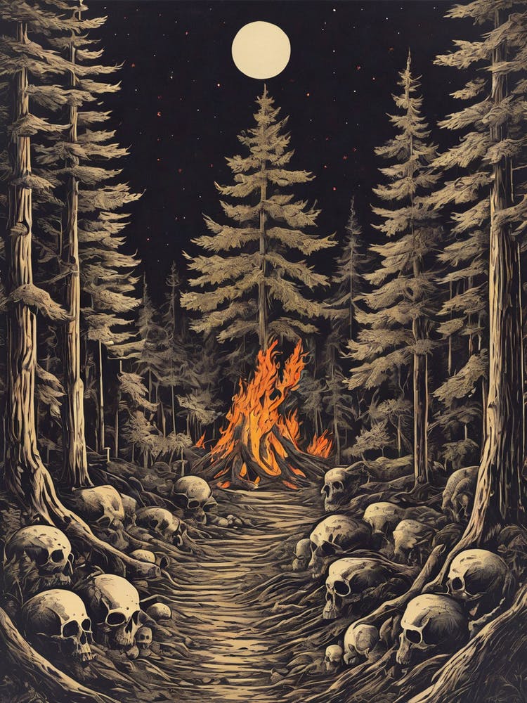 The Forbidden Forest - Vintage Style Line Art of A Skull Lined Path, Enemies and Slayed Foes Leading to a Forest Fire Waiting Just For You - Pagan Creepy Gothic Witchy Horror Artwork on a Full Moon Eerily Spooky Woods