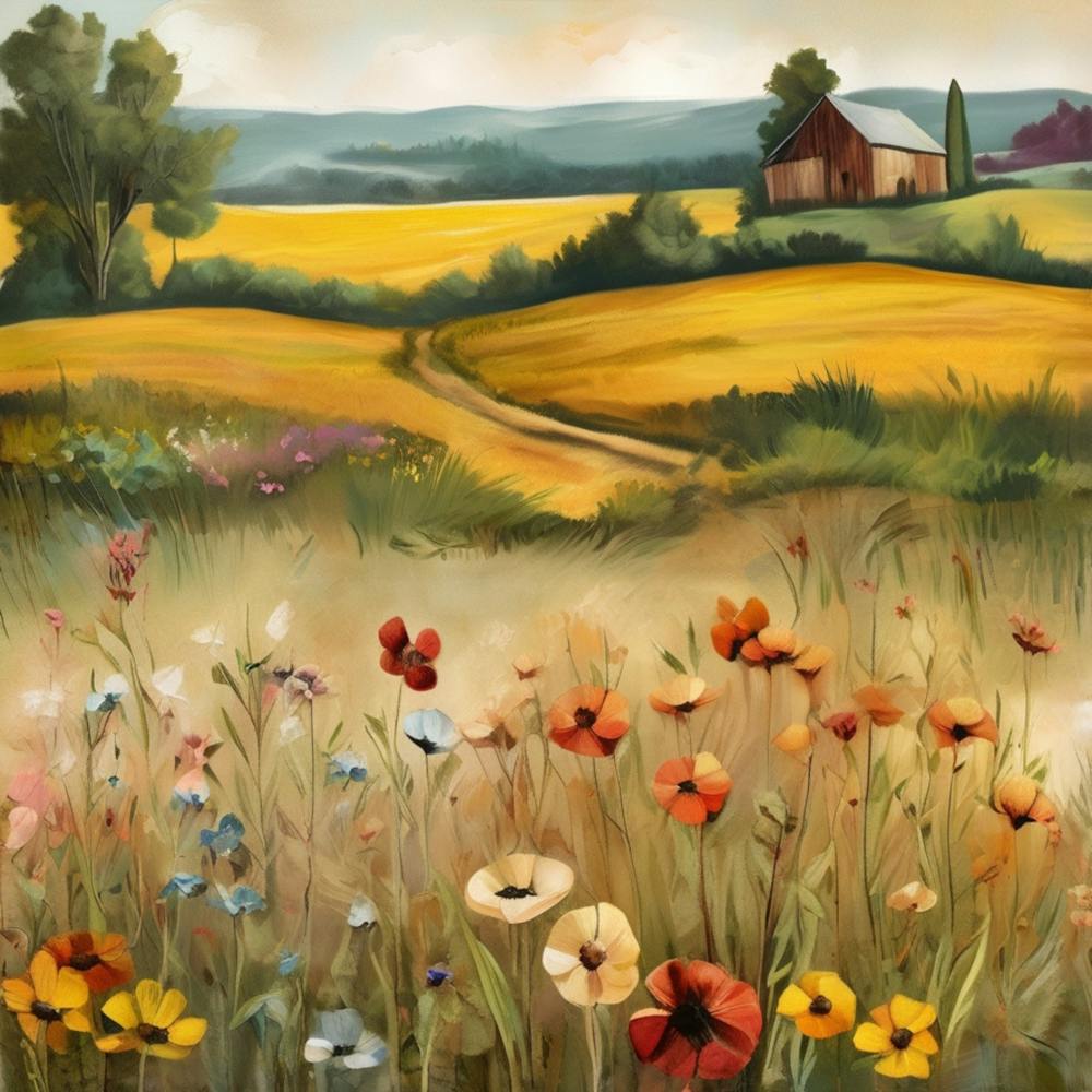 Poppies In The Meadow.An elaborate work of art about nature in the countryside of old England, antique oil colours, the touch of a creative artist.