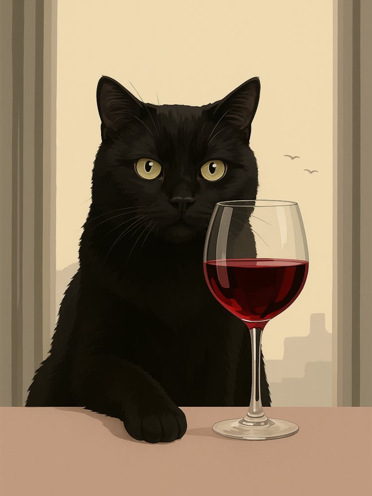 Black Cat With A Glass Of Wine