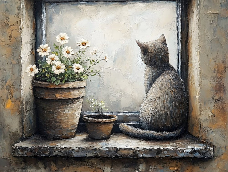 Cat In Window With Flowers 25