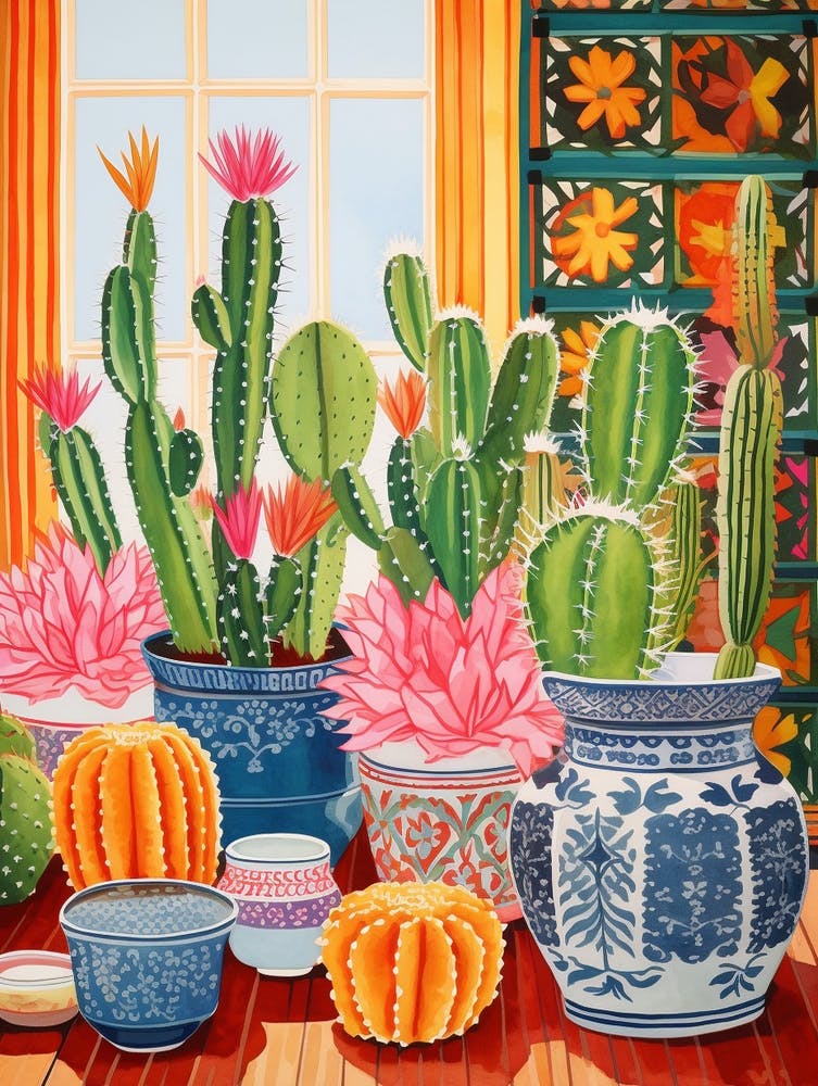 Kaktusgemälde Maximalistisches Stillleben Turks Head Cactus 2