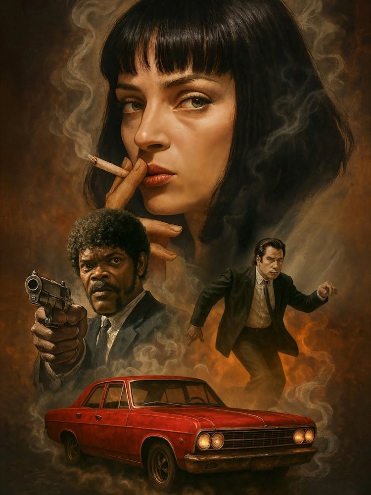Pulp Fiction Movie Poster: Dive into Tarantino’s cult masterpiece with this vintage Pulp Fiction poster featuring Uma Thurman, Samuel L. Jackson, and John Travolta. A bold tribute to 90s gangster cinema, this artwork captures the gritty charm of Hollywood film legends and iconic pop culture moments.
