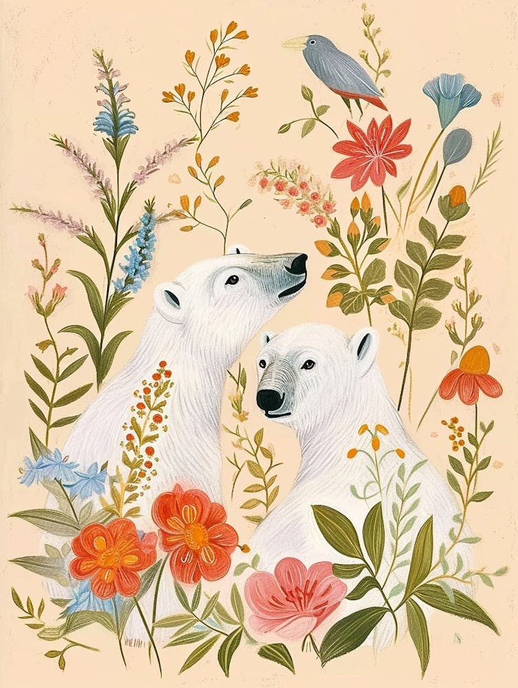 Folkloristische Blumen Tierzeichnung Eisbär 3