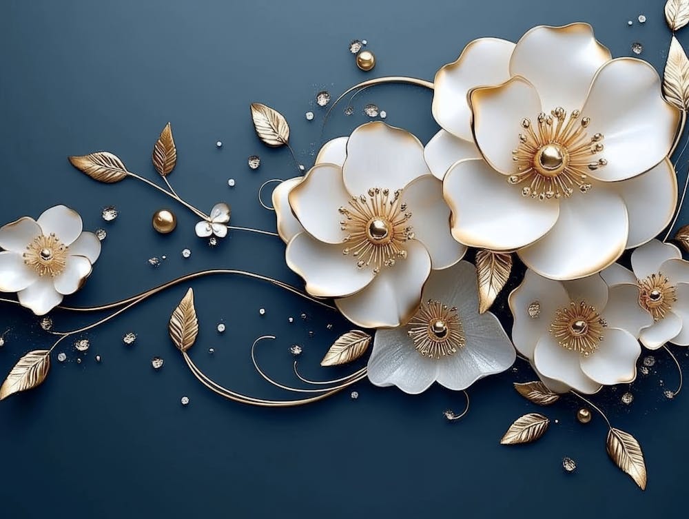 3d White and Blue Background with Golden Jewelry and Flowers