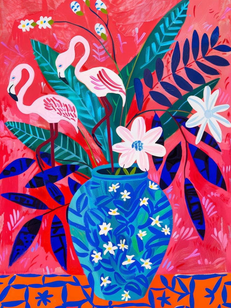 Flamingos In A Blue Vase