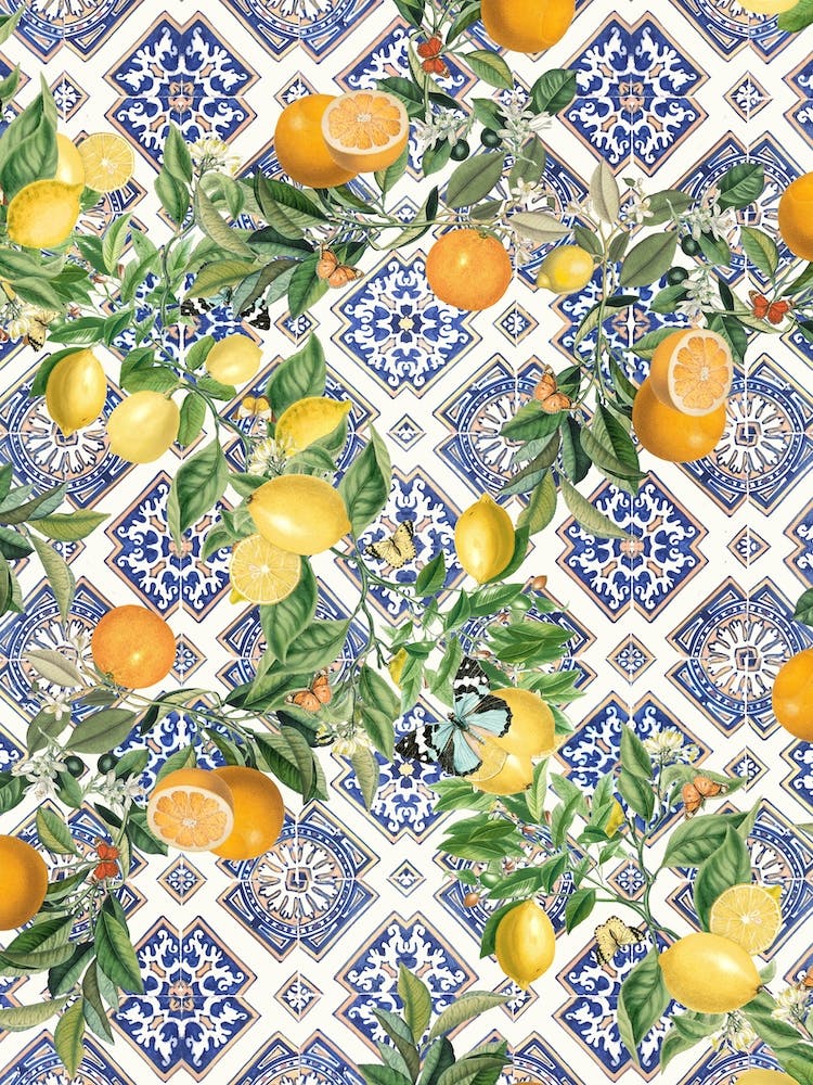 Blue azulejos tiles, lemons and oranges